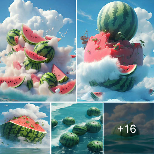 Juicy Watermelons Glistening on the Azure Shore